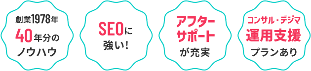 創業1982年30年分のノウハウ、SEOに強い、アフターサポートが充実、コンサル・デジマ運用支援プランあり